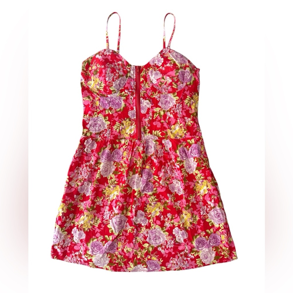 She Seoul cotton red floral spaghetti strap minidress top smocked corset Size L